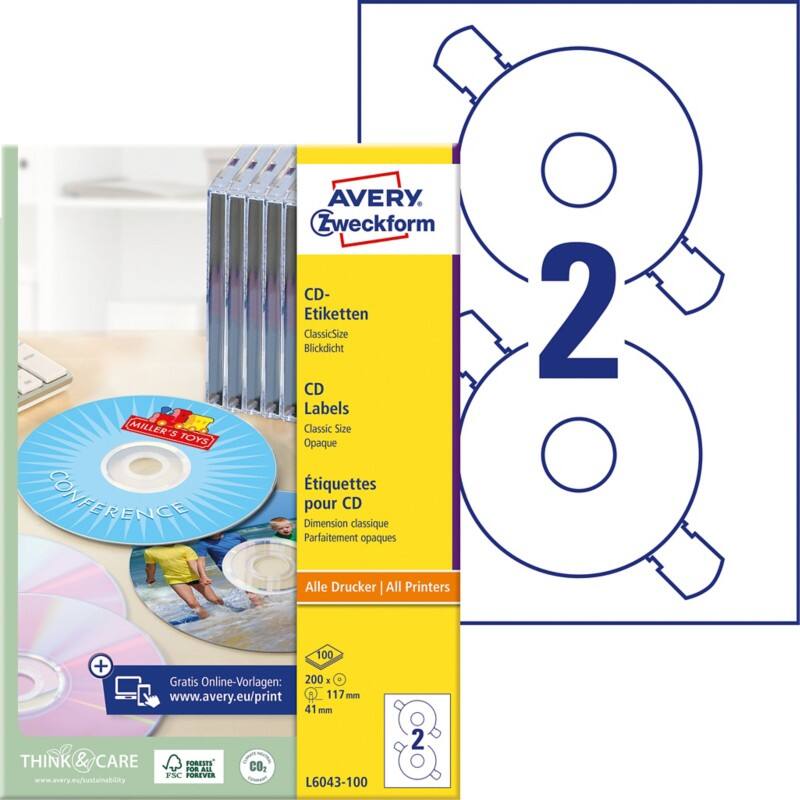 Étiquettes CD/DVD Avery L6043-100 A4 Blanc 100 Feuilles de 2 Étiquettes