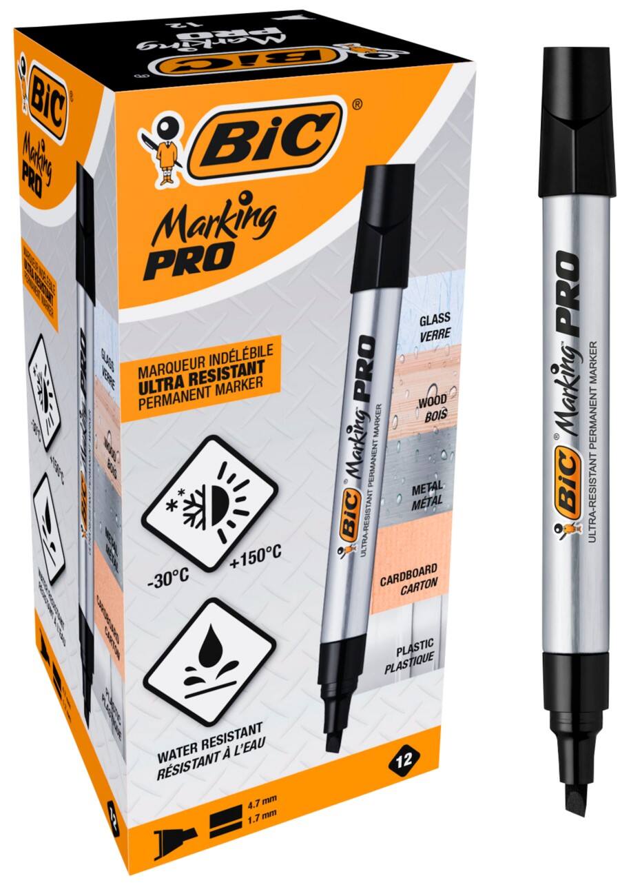 Marqueur permanent BIC Marking Pro Large Pointe Biseautée Noir 12 Unités