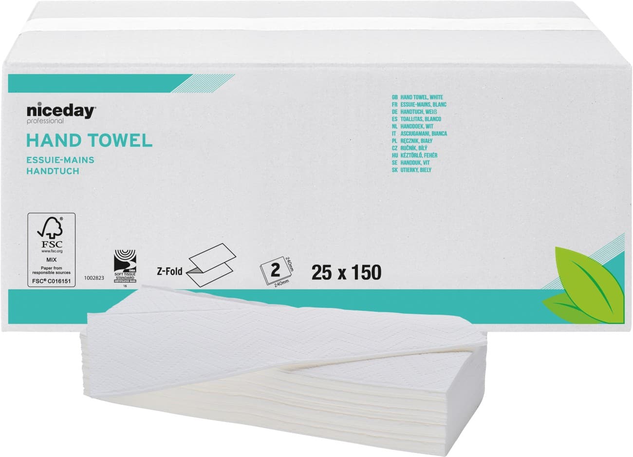 Essuie-mains Niceday Professional Standard 2 épaisseurs Pliage en Z Blanc 25 Unités de 150 Feuilles