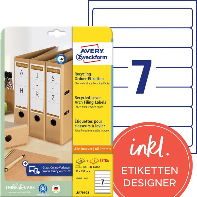 Étiquettes pour dos de classeur Avery Ultragrip Laser, Jet d'encre LR4760-25 Adhésif A4 Blanc 38 x 192 mm Recyclé 30 Feuilles de 7 Étiquettes