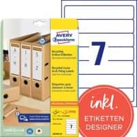 Étiquettes pour dos de classeur Avery Ultragrip Laser, Jet d'encre LR4760-25 Adhésif A4 Blanc 38 x 192 mm Recyclé 30 Feuilles de 7 Étiquettes