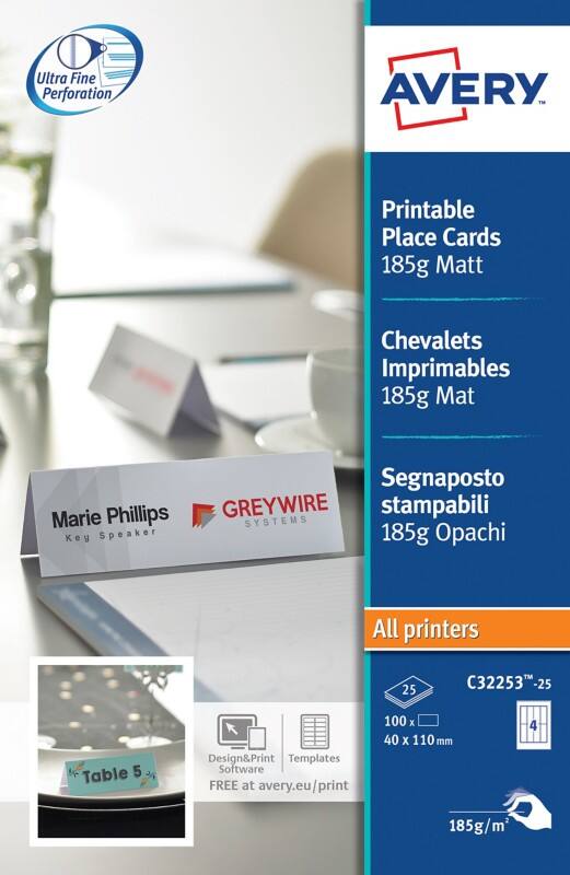 Marque-place Avery 185 g/m² Blanc 25 Feuilles de 4 Unités