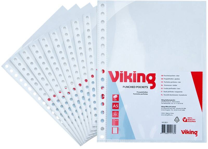 Pochettes perforées Viking A5 Transparent 80 microns PP (Polypropylène) Ouverture par le haut 17 perforations 1012911 25 unités