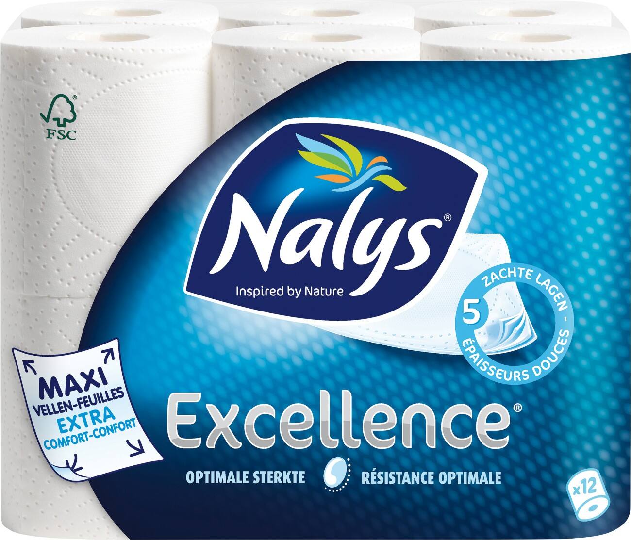Papier toilette Nalys Excellence 5 épaisseurs 12 Rouleaux de 73 Feuilles