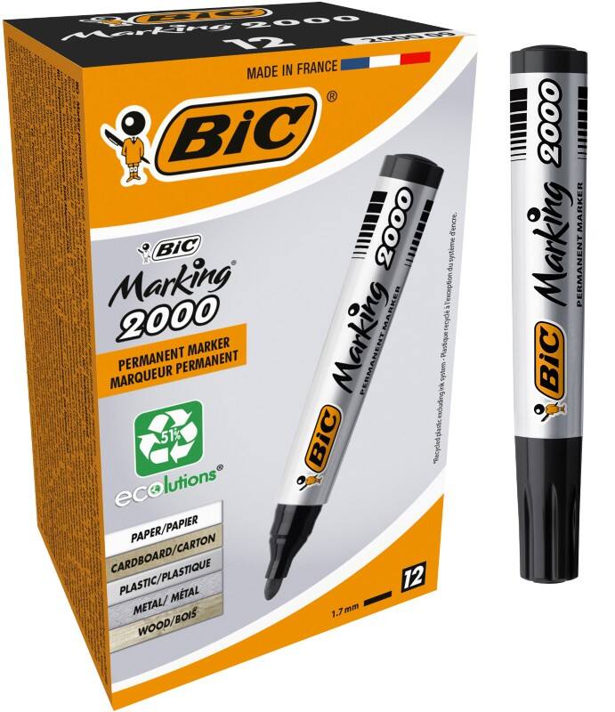 Marqueur permanent BIC Marking 2000 Pointe moyenne, ogive 2 mm Noir Non rechargeable 12 Unités