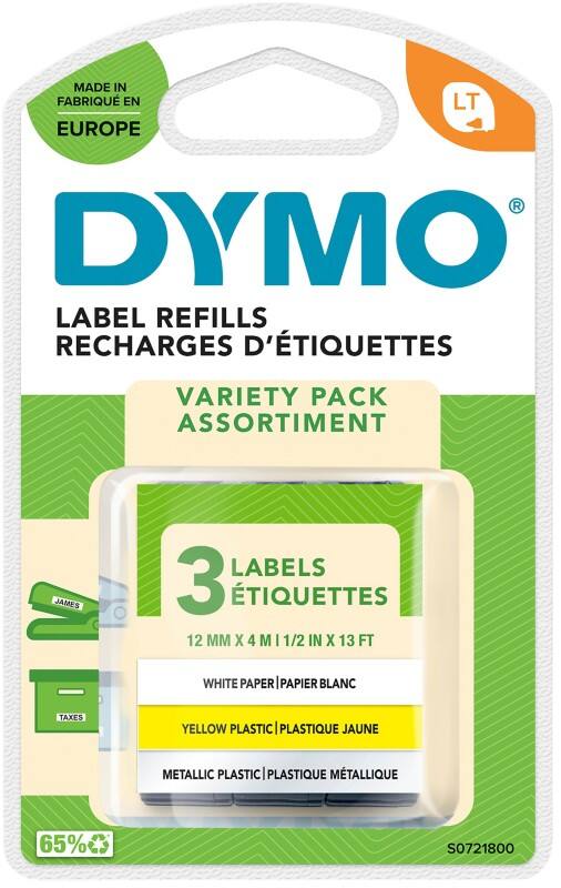 Ruban d’étiquettes LT Dymo S0721790 / 91240 LetraTag d’origine Autocollant Argenté, jaune 12 mm x 4 m Paquet de 3