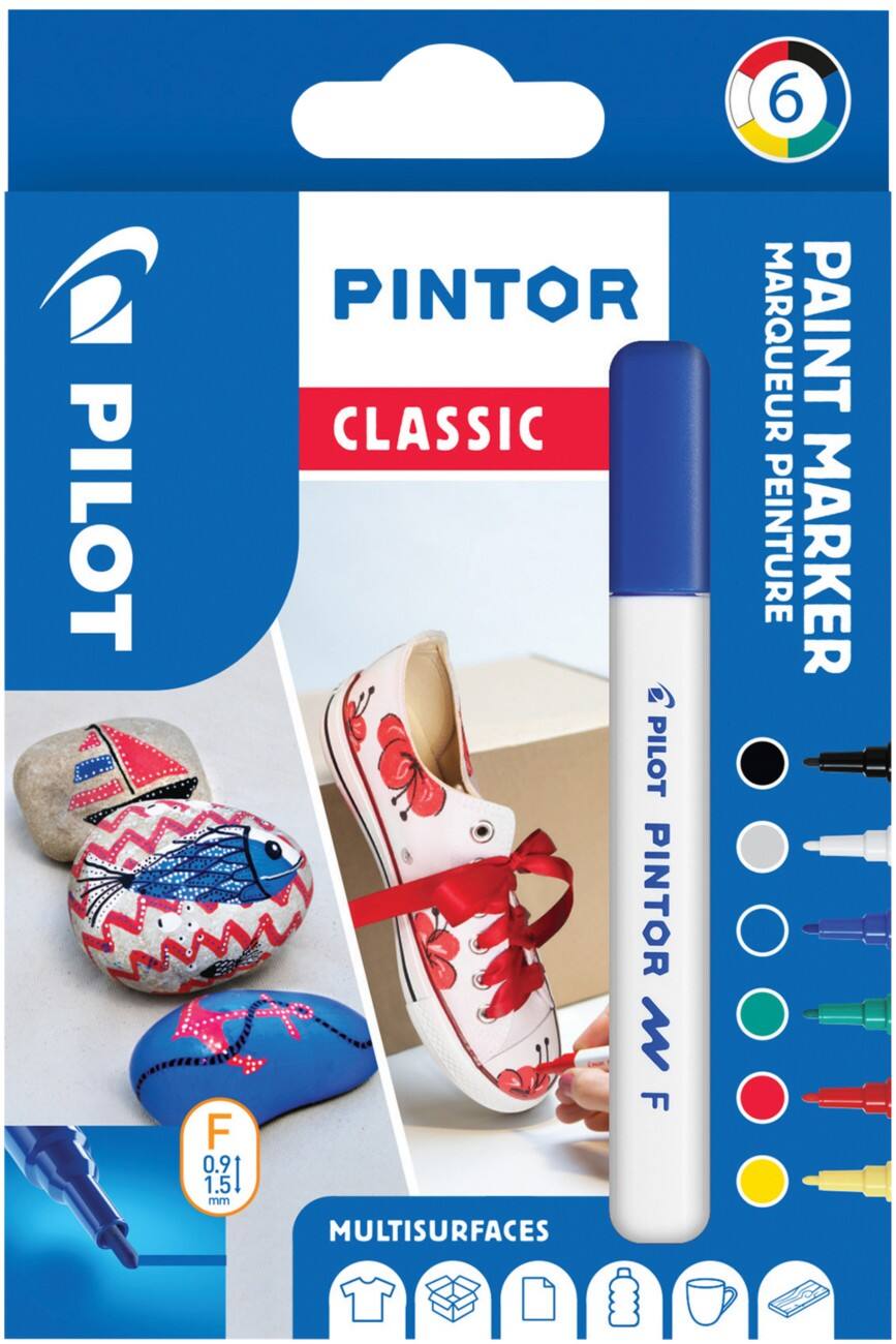 Marqueurs peinture Pilot Pintor Classic Fin Pointe Ronde Noir, Bleu, Vert, Rouge, Blanc, Jaune 6 Unités