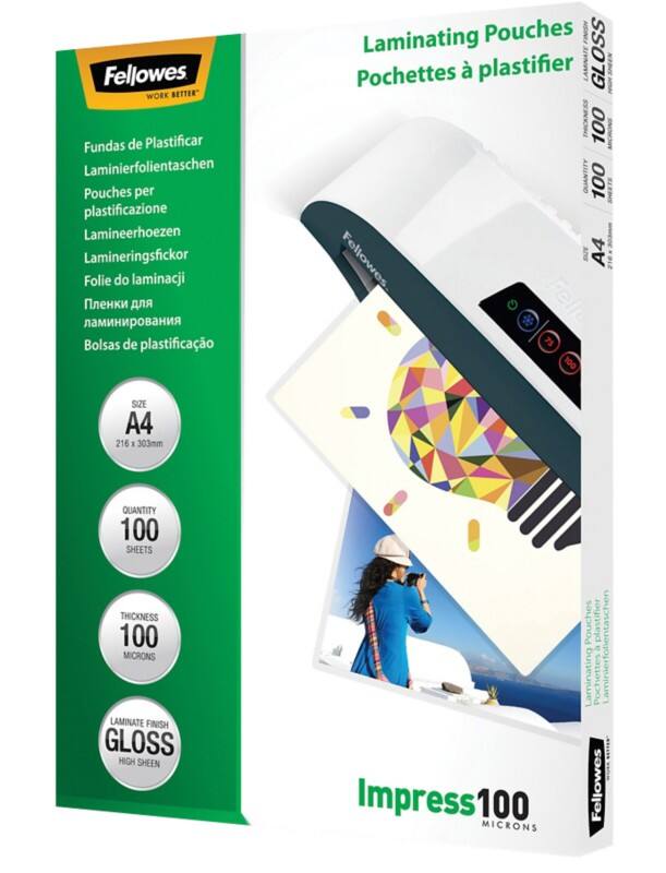 Pochette de plastification Impress Fellowes A4 Brillant 100 microns (2 x 100) Transparent 100 Unités