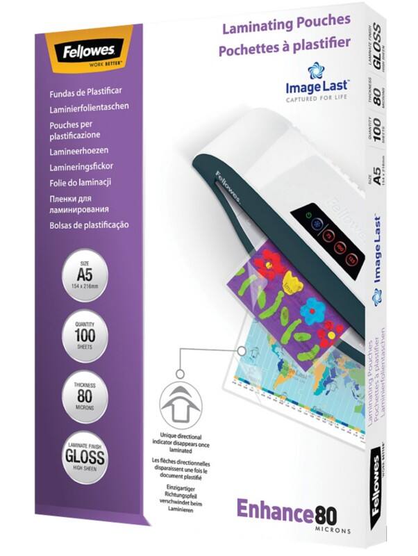 Pochette de plastification ImageLast Enhance Fellowes A5 Brillant 80 microns (2 x 80) Transparent 100 Unités