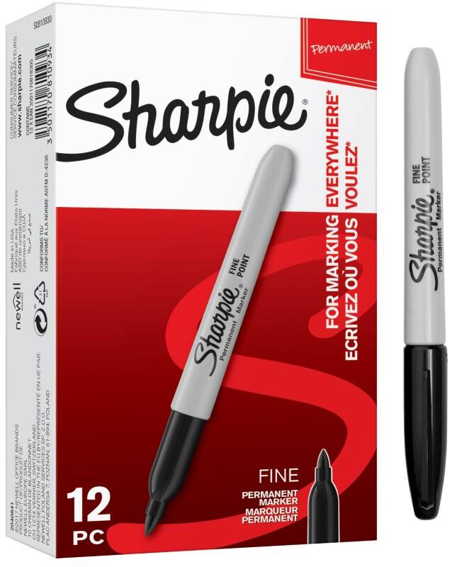 Marqueur permanent Sharpie Fine Point Pointe fine, ogive 1 mm Noir Non rechargeable 12 Unités