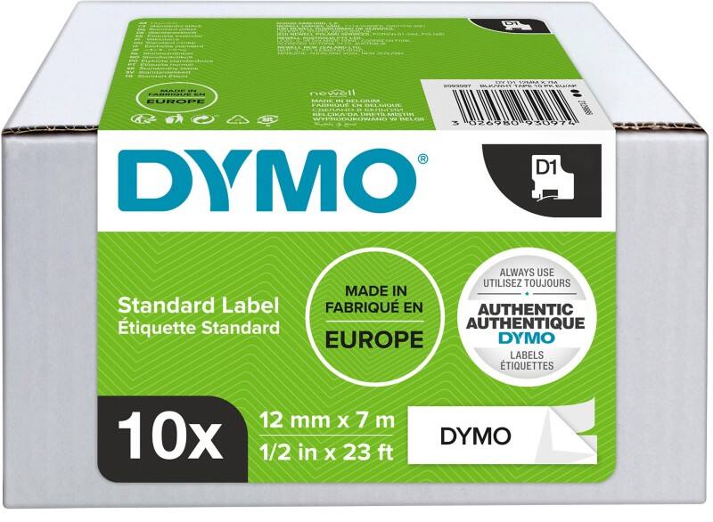 Ruban d’étiquettes Dymo D1 S0720530 / 45013 d’origine Autocollantes Noir sur blanc 12 mm x 7 m Paquet de 10