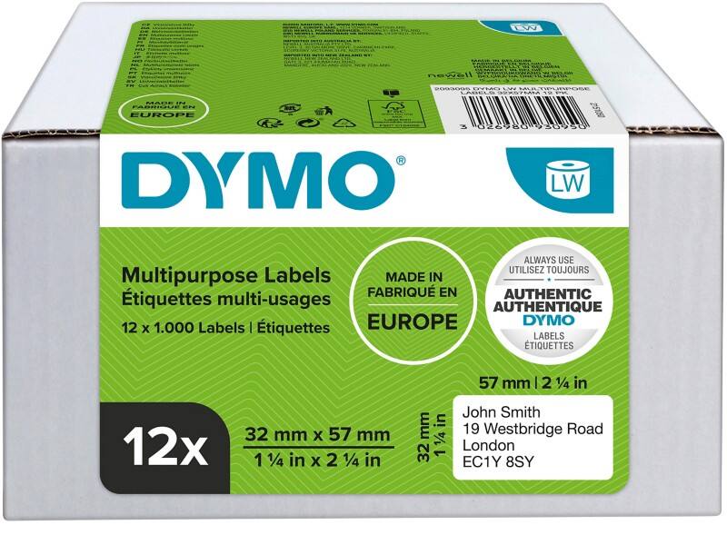 Étiquettes d’expédition LW Dymo 2093095 / 11354 d’origine, autocollantes Blanc 32 x 57 mm 12 Rouleaux de 1 000 Étiquettes