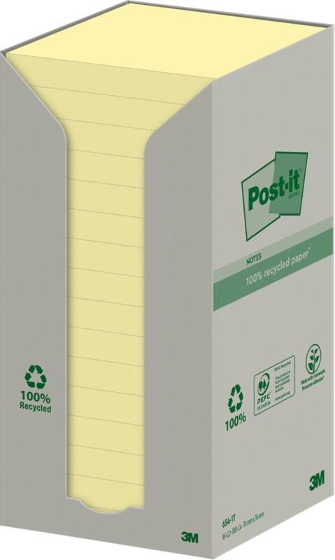 Notes Post-it Recyclées 76 x 76 mm Jaune canari 16 Blocs de 100 Feuilles