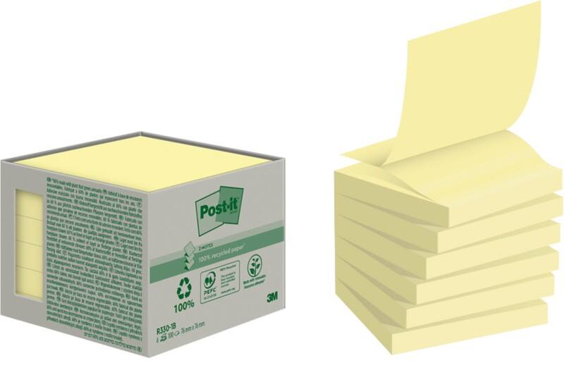 Z-Notes Post-it Recyclées 76 x 76 mm Jaune canari 6 Blocs de 100 Feuilles