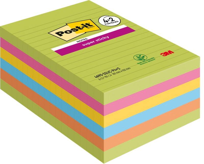 Notes Super Sticky Post-it 101 x 152 mm Assortiment Ligné 6 Blocs de 90 Feuilles Pack économique 4 + 2 GRATUITS