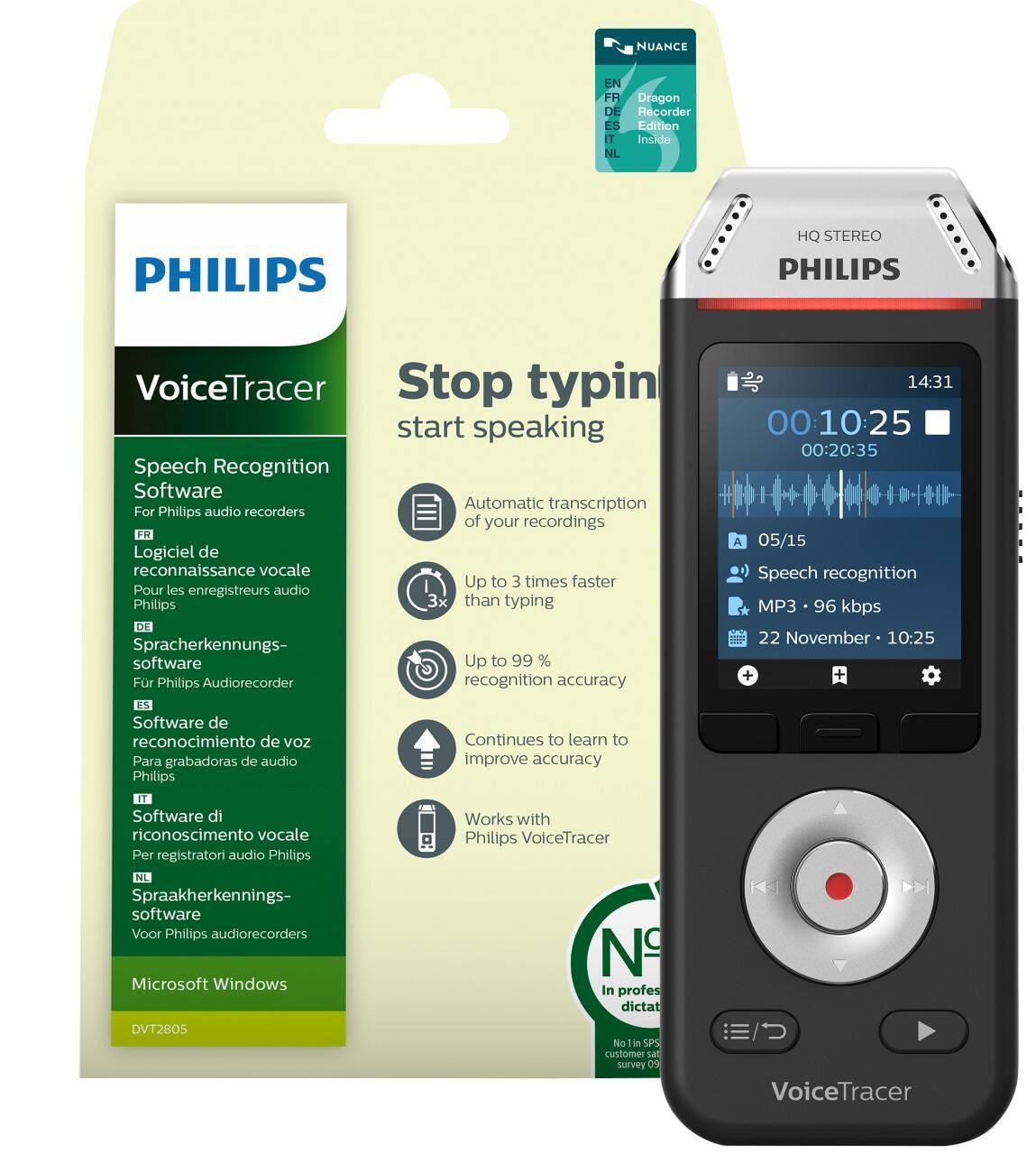Enregistreur vocal numérique Philips VoiceTracer DVT2810 Argenté, noir
