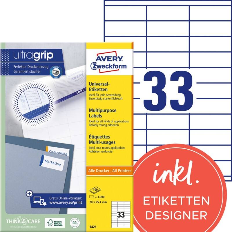 Étiquettes universelles Ultragrip Avery 3421 Adhésif A4 Blanc 70 x 25.4 mm 100 Feuilles de 33 Étiquettes