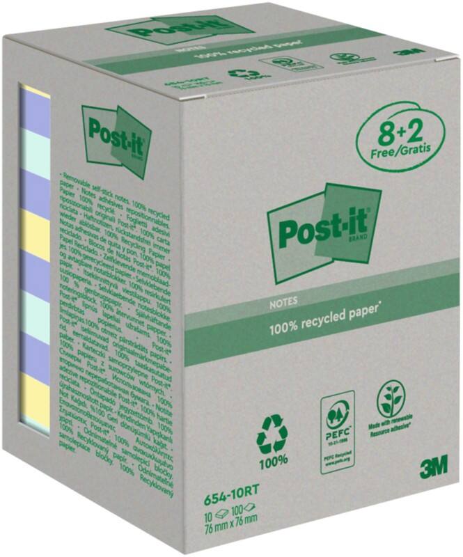 Notes adhésives recyclées Post-it 76 x 76 mm Pastel 100 feuilles Pack promo 8 + 2 gratuit