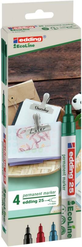 Marqueur permanent edding Ecoline 25 Fin Ogive - 1 mm Assortiment Rechargeable Résistant à l'eau 4 Unités