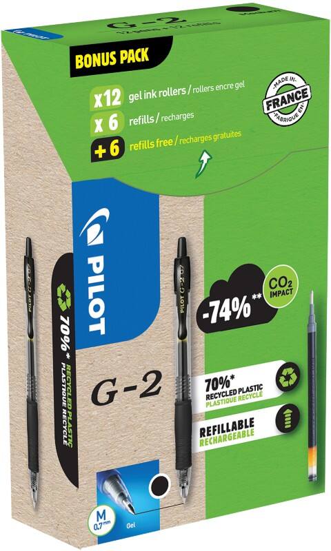 Stylo roller Pilot G2 Noir Lot de 12 stylos et 12 recharges
