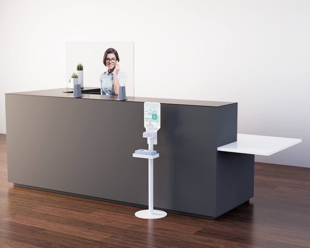 Flacon pompe de gel hydroalcoolique Paperflow avec distributeur de gants 1 l Blanc, sur pied, rechargeable