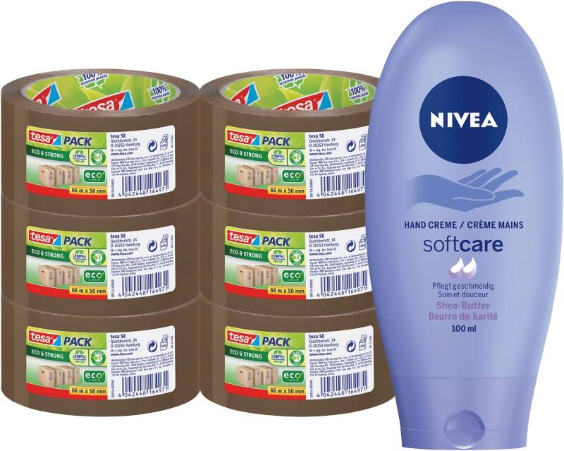 Ruban d'emballage tesa tesapack Brun Eco & Strong et crème pour les mains Nivea 50 mm x 66 m 6 rouleaux