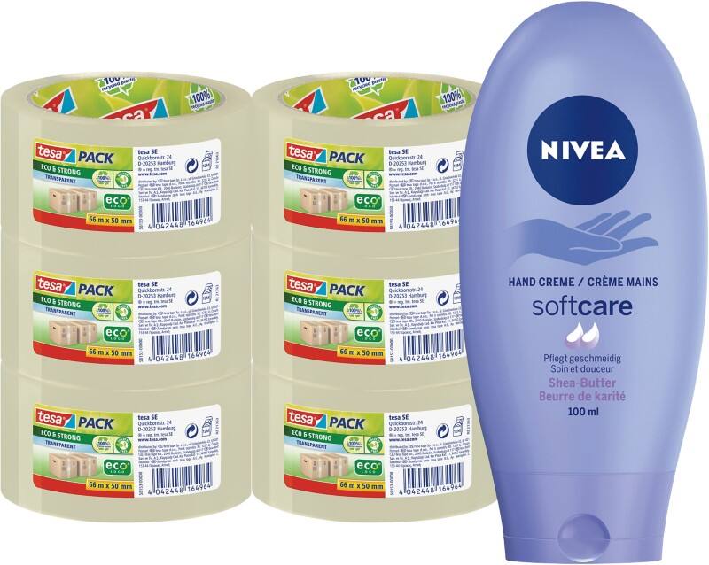 Ruban d'emballage tesa tesapack Transparent Eco & Strong et crème Nivea 50 mm x 66 m 6 rouleaux