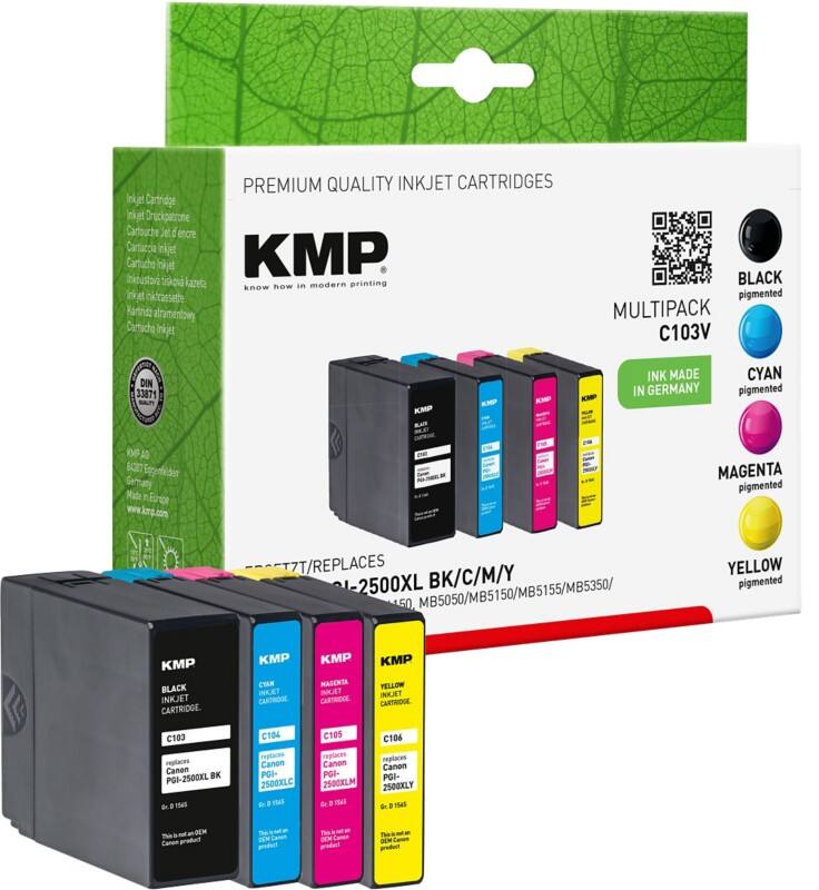 Cartouche jet d’encre KMP Compatible Canon PGI-2500XL BK/C/M/Y Noir, cyan, magenta, jaune Multipack 4 Unités
