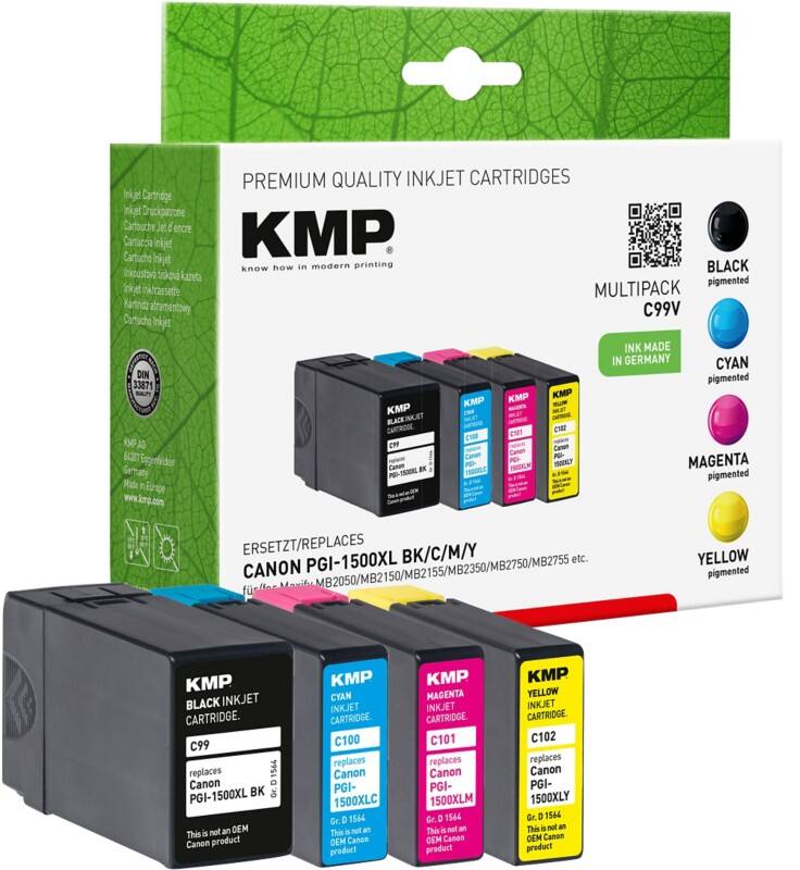 Cartouche jet d’encre KMP Compatible Canon PGI-1500XL BK/C/M/Y Noir, cyan, magenta, jaune