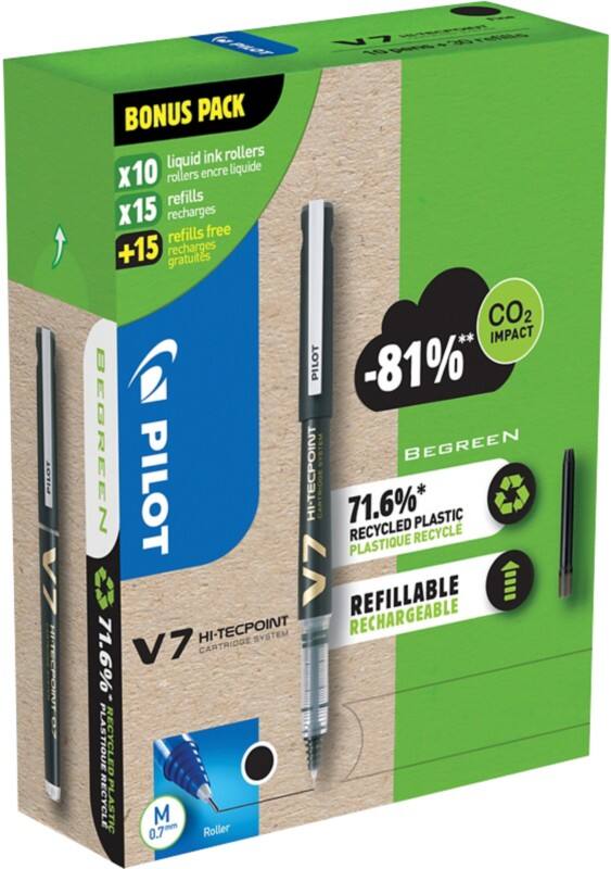 Stylo roller Pilot V7 Noir Lot de 10 stylos et 30 recharges