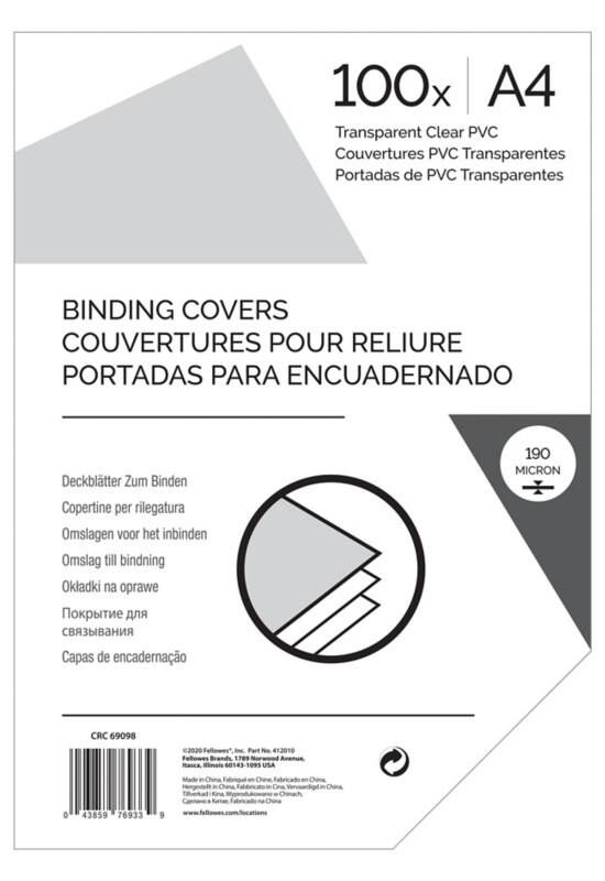 Couverture pour reliure A4 190 microns PVC (Polychlorure de vinyle) Transparent 100 Unités