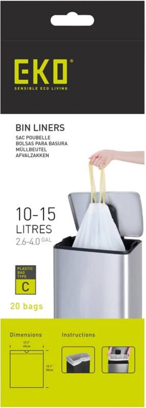Sac-poubelle EKO 15 L Blanc PE (Polyéthylène) 6 Rouleaux de 20 Unités