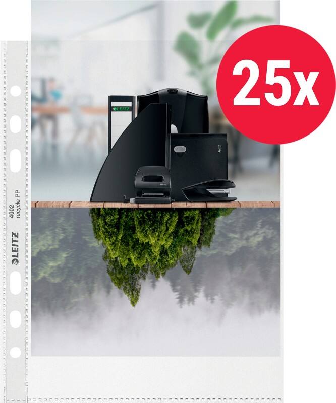 Pochettes perforées Leitz 90% Recyclé A5 Granuleux Transparent 100 microns PP (Polypropylène) Ouverture par le haut 6 perforations 40020003 25 unités