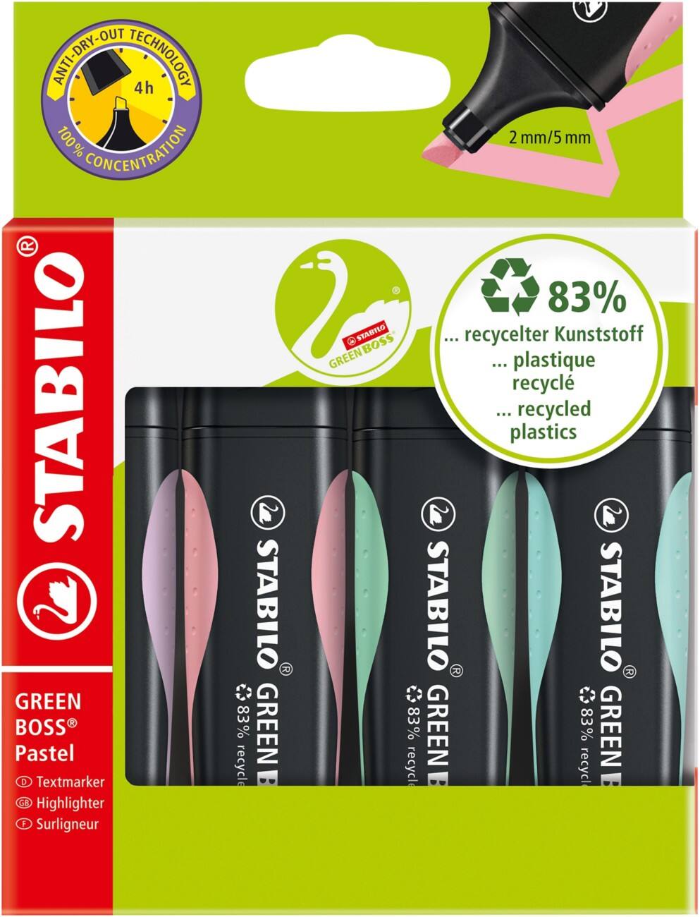 Surligneur STABILO Green Boss 4 Unités Turquoise, vert, rose, violet
