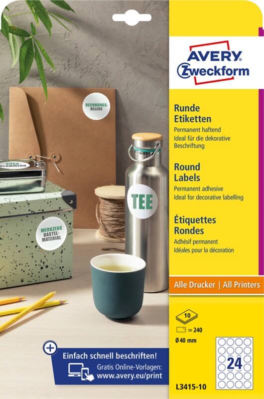 Étiquettes Avery L3415-10 Blanc Ø 40 mm 10 feuilles de 24 étiquettes