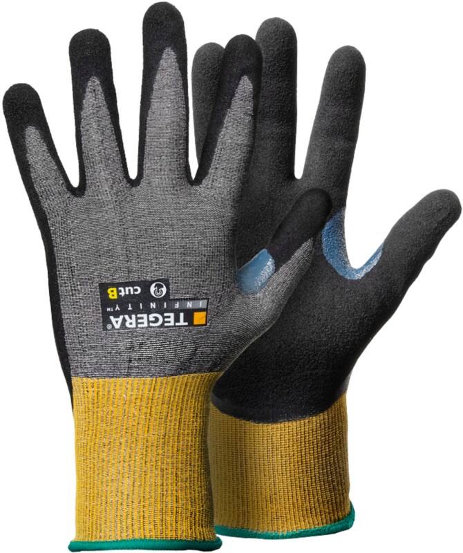 Gants de manutention TEGERA Infinity Non jetables Carbone, Fibre fil inox, HPPE (Polyéthylène haute performance), Mousse de nitrile, Nylon, PU (Polyuréthane) à base d'eau, Technologie CRF Non poudrés Large (L) Gris, jaune 6 paires