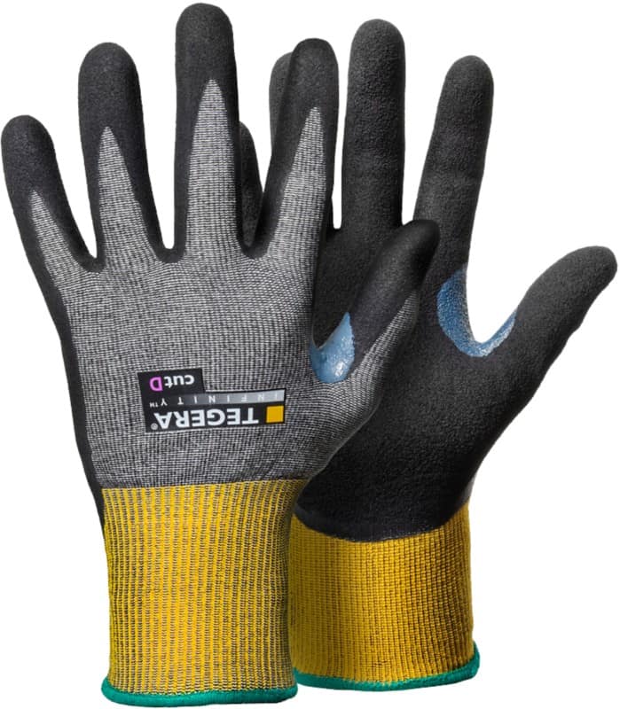 Gants de manutention TEGERA Infinity Non jetables Élasthanne, Fil de fibre de verre, HPPE (Polyéthylène haute performance), Mousse de nitrile, Nylon, PU (Polyuréthane) à base d'eau, Spandex, Technologie CRF Non poudrés Small (S) Gris, jaune 6 paires