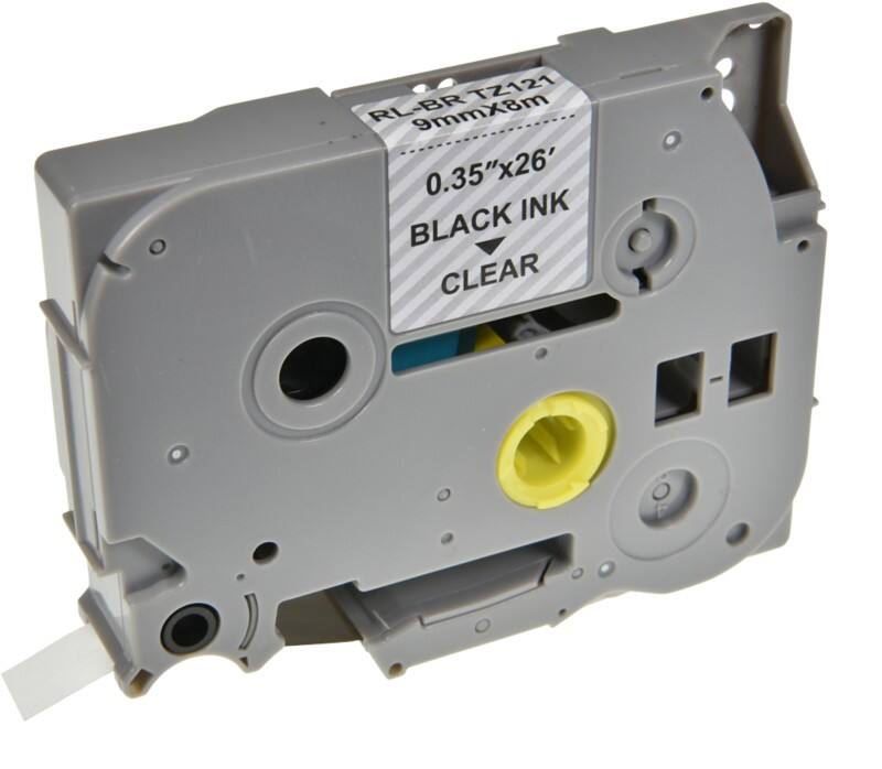 Ruban d'étiquettes P-Touch Compatible Brother TZe-121 5T121-WT Autocollantes Noir sur Transparent 9 mm x 8 m