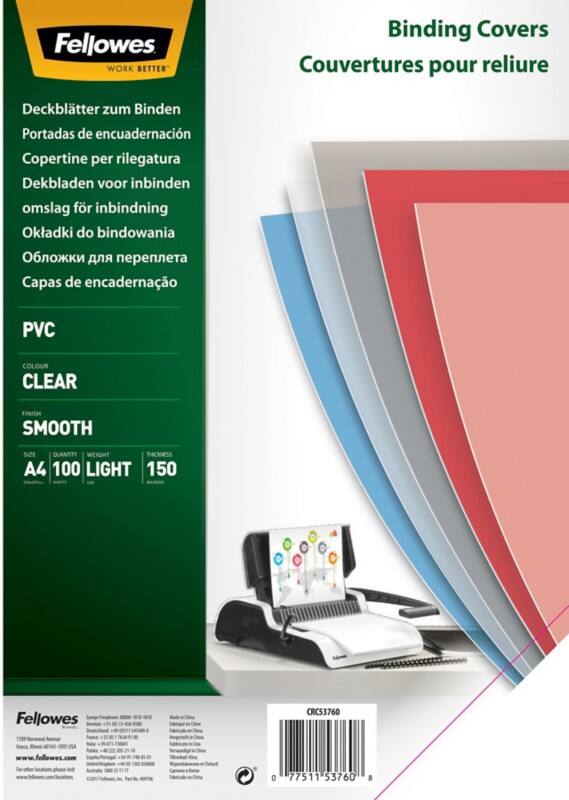 Couverture pour reliure Fellowes A4 PVC (Polychlorure de vinyle) Transparent 100 Unités