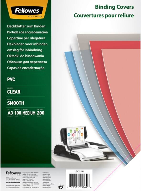 Couverture pour reliure Fellowes A3 PVC (Polychlorure de vinyle) Transparent 100 Unités