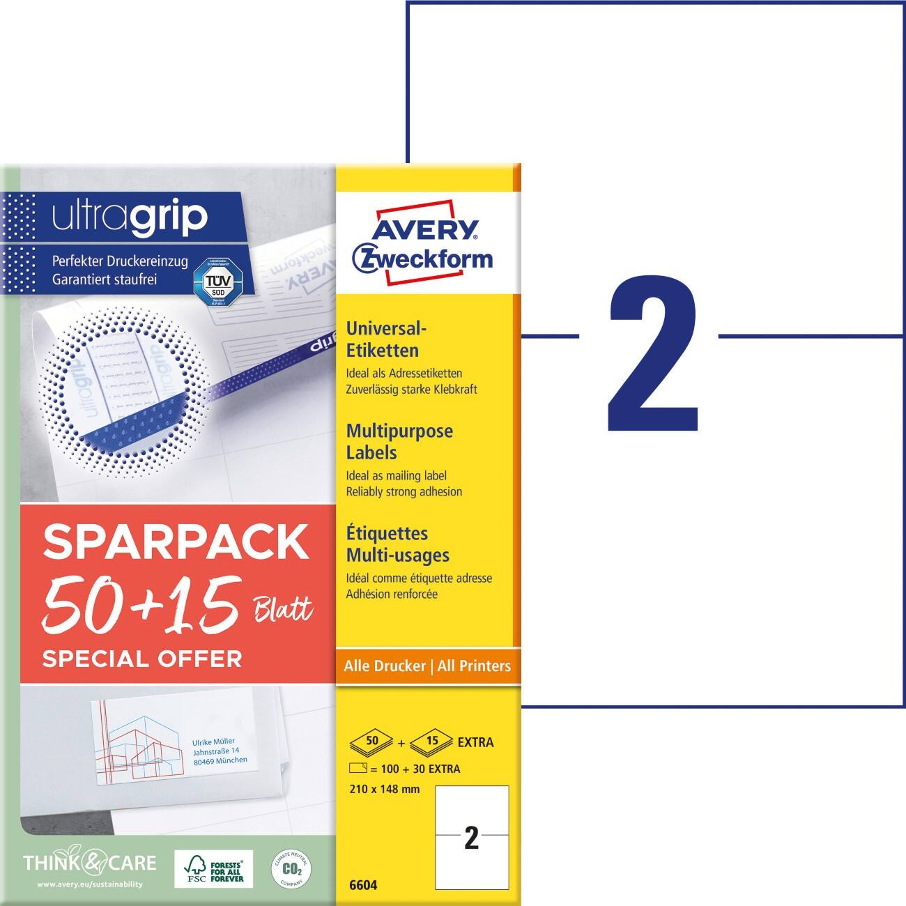 Étiquettes multi-usage AVERY Zweckform Laser 6604 Adhésif A4 Blanc 21 x 14,8 cm 130 feuilles de 2 unités