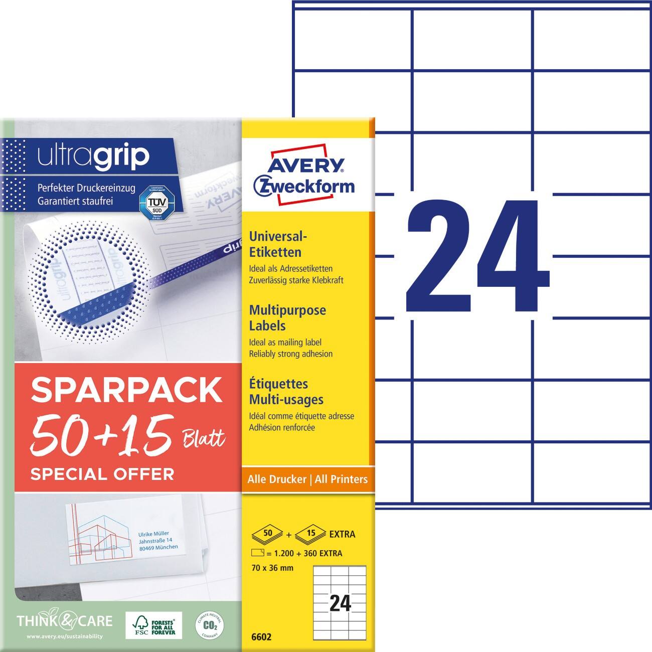 Étiquettes multi-usage AVERY Zweckform Laser 6602 Adhésif A4 Blanc 7 x 3,6 cm 1560 feuilles de 24 unités