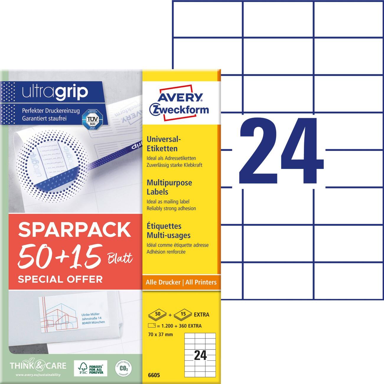 Étiquettes multi-usage AVERY Zweckform Laser 6605 Adhésif A4 Blanc 7 x 3,7 cm 1560 feuilles de 24 unités