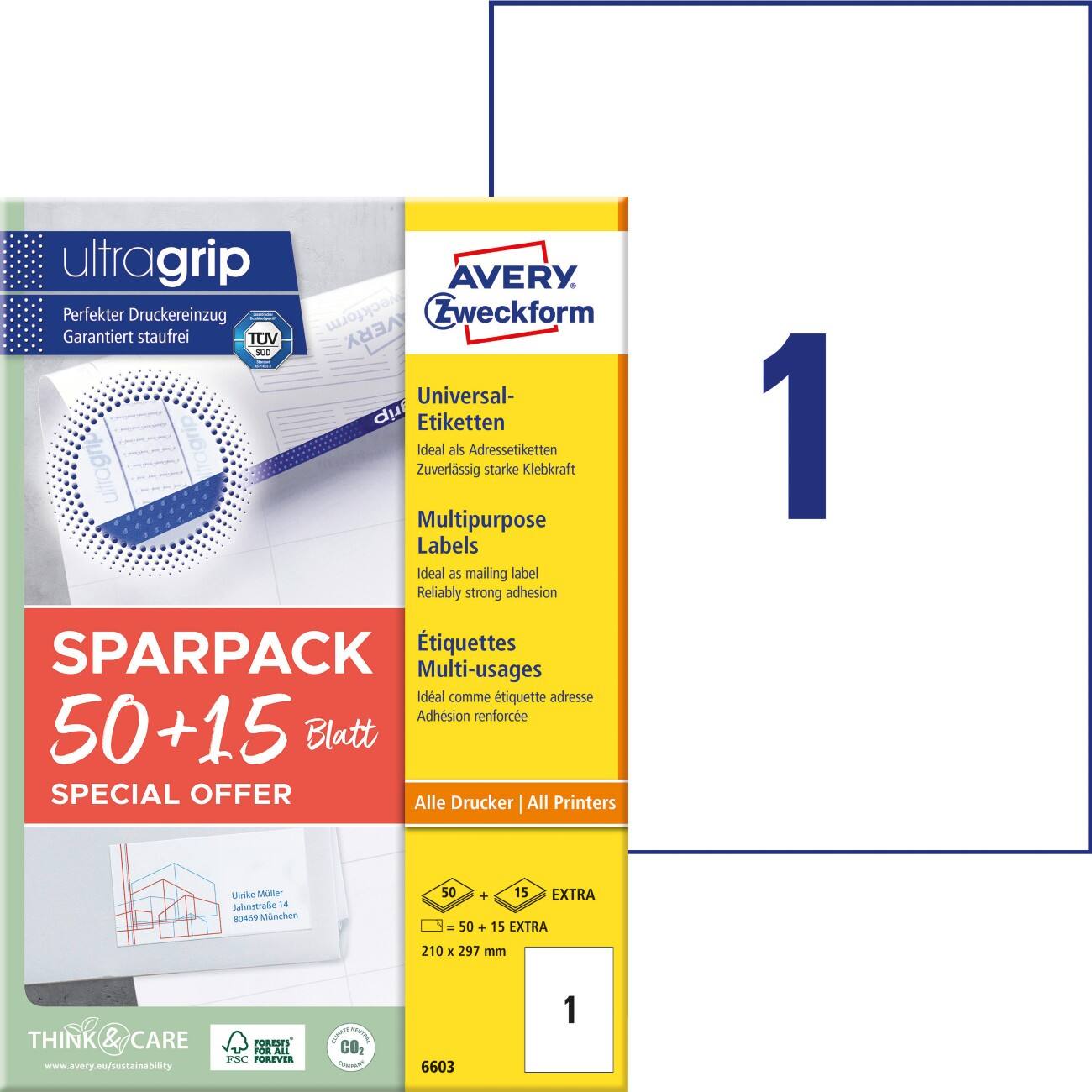 Étiquettes multi-usage AVERY Zweckform Laser 6603 Adhésif A4 Blanc 21 x 29,7 cm 65 feuilles de 1 unité