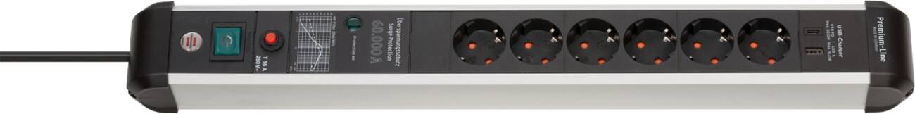 Rallonge brennenstuhl Premium-Protect-Line avec USB 1391010620 Protection surtension 6 prises 3 m Argenté, noir
