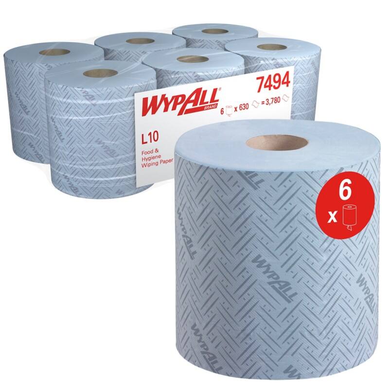 Essuie-tout WYPALL L10 General Clean 100% Recyclé À dévidage central Bleu 1 épaisseur 7494 6 Rouleaux de 630 Feuilles