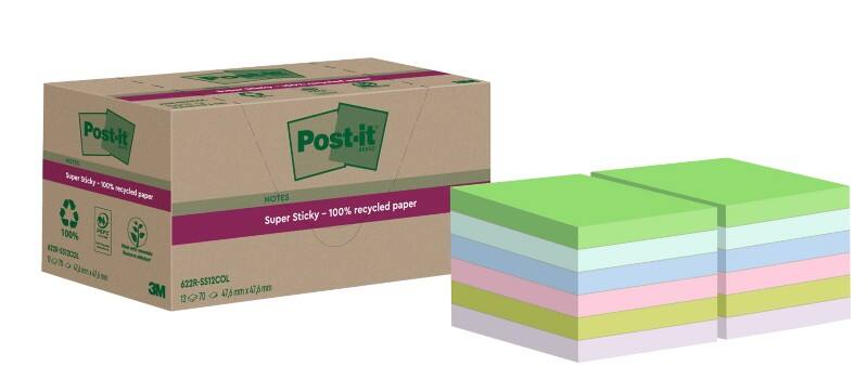 Notes Super Sticky recyclées Post-it 47,6 x 47,6 mm Assortiment 70 notes 12 blocs