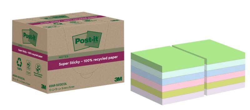 Notes Super Sticky recyclées Post-it 76 x 76 mm Assortiment 70 notes 12 blocs