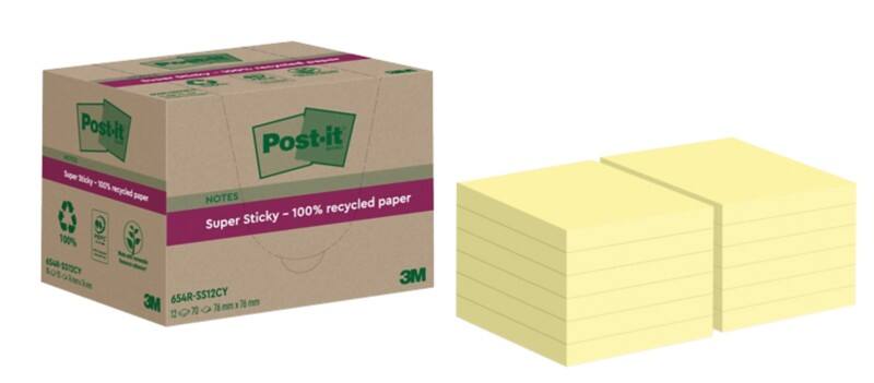 Notes Super Sticky recyclées Post-it 76 x 76 mm Jaune canari 70 notes 12 blocs