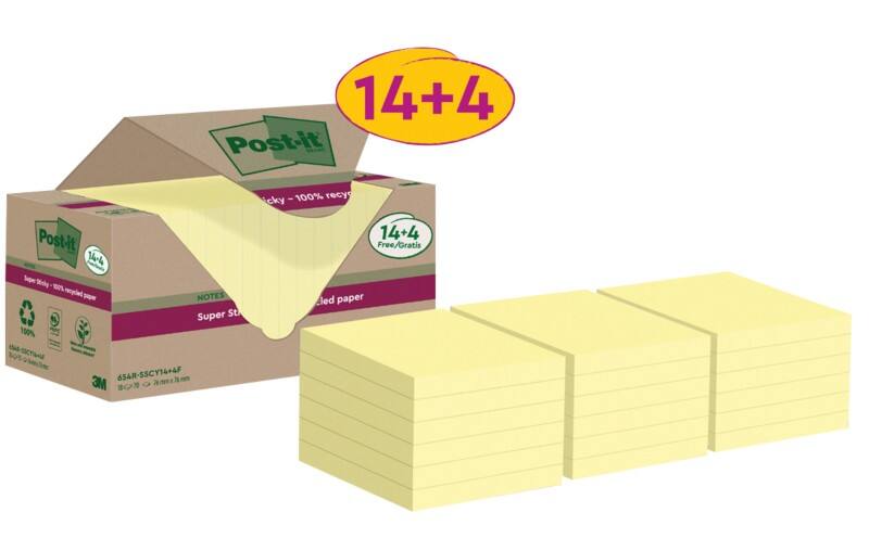 Notes Super Sticky recyclées Post-it 76 x 76 mm Jaune canari 70 feuilles Pack promo 14 + 4 gratuit